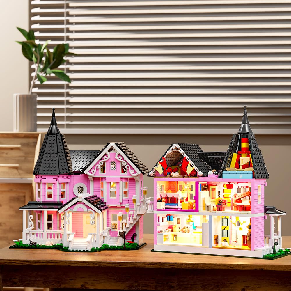 Mesiondy Enchanted Pink Victorian Manor Building Kit – 1349 PCS Premium Brick System | LED Light-Up Gothic Dollhouse | Halloween Display Collectible - Image 4